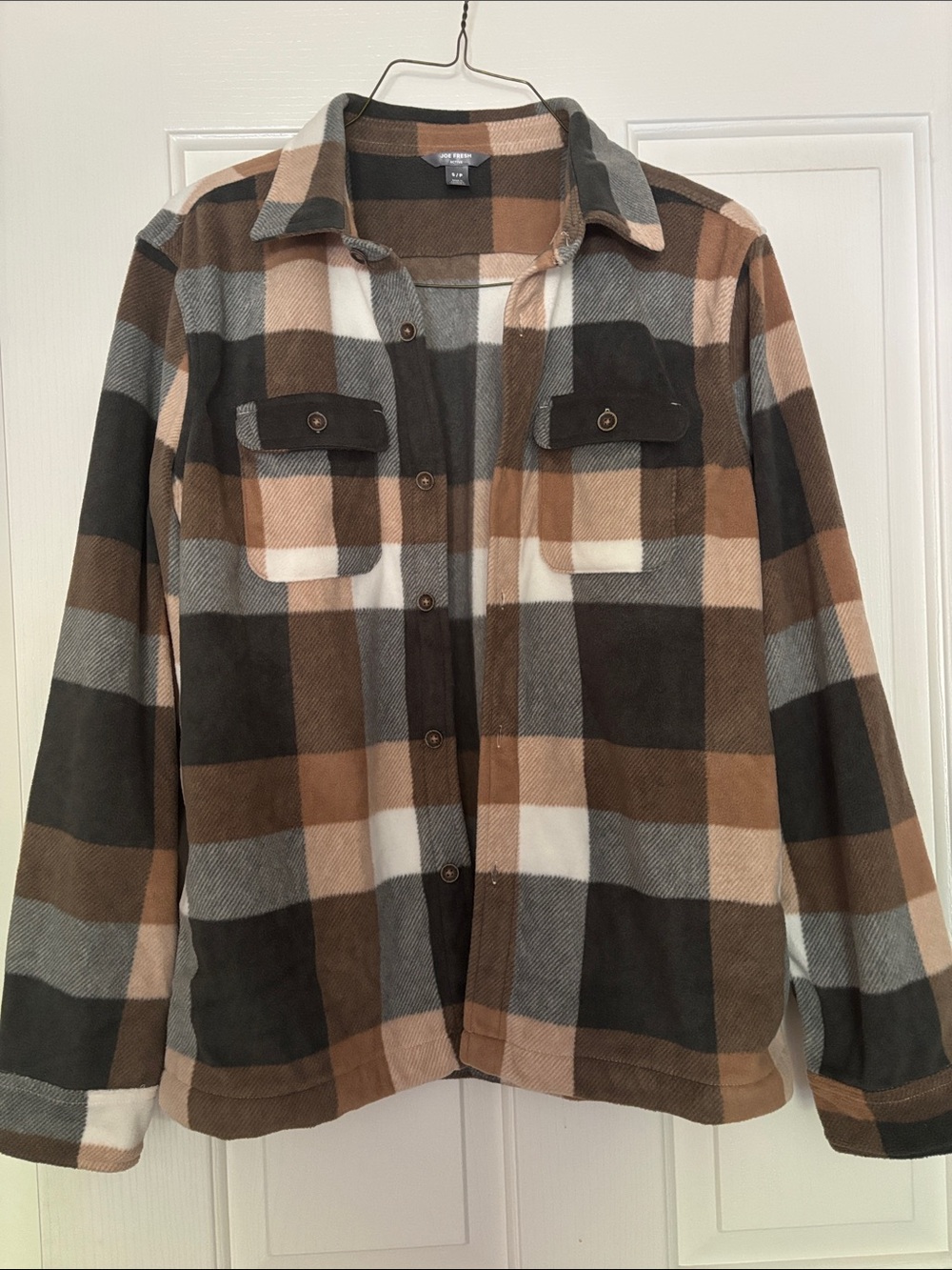 Joe Fresh Men's Fleece Plaid Utility Jacket in Brown, Gray & Cream